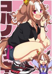 Rule 34 | 1girl, ahoge, animal ears, arms up, black footwear, black shirt, blue shirt, blue shorts, bow, bowtie, bracelet, brown hair, character name, closed eyes, commentary, copano rickey (umamusume), double bun, ear covers, fang, hair bun, highres, horse ears, horse girl, horse tail, jewelry, looking at viewer, medium hair, multicolored hair, multiple views, open mouth, outline, pinky out, purple eyes, purple sailor collar, sailor collar, school uniform, serafuku, shirt, shoes, short shorts, shorts, single ear cover, skin fang, smile, sneakers, socks, squatting, t-shirt, tail, text background, tracen school uniform, translated, two-tone hair, umamusume, wahiko (black bastard), white bow, white bowtie, white hair, white outline, white socks