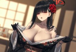 Rule 34 | 1girl, absurdres, ai-assisted, alternate costume, bare shoulders, black gloves, black hair, blue archive, blurry, blurry background, breasts, collarbone, commentary, earrings, flower, gloves, hair flower, hair ornament, halo, highres, holding, holding clothes, indoors, japanese clothes, jewelry, jo sumi, kimono, large breasts, long hair, looking at viewer, open mouth, red eyes, red flower, rio (blue archive), shoulder tattoo, solo, tattoo, upper body