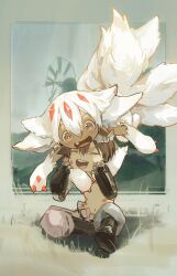 Rule 34 | blush, brown eyes, brown hair, closed eyes, closed mouth, dark-skinned female, dark skin, dino (dinoartforame), extra arms, fang, faputa, highres, looking at another, made in abyss, mechanical arms, open mouth, regu (made in abyss), short hair, sitting, smile, tail, topless male, white fur