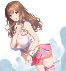Rule 34 | 1girl, a1 (initial-g), breasts, bridal garter, brown eyes, brown hair, cleavage, commentary request, copyright request, fingernails, large breasts, long hair, looking at viewer, mole, mole under eye, nail polish, open mouth, pink nails, pink skirt, skirt, smile, solo focus, standing, sweat, thighs, wrist cuffs