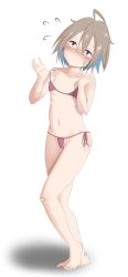 Rule 34 | 1girl, absurdres, ahoge, bikini, blush, breasts, brown hair, cameltoe, do it yourself!!, highres, navel, red bikini, red eyes, short hair, simple background, small breasts, solo, swimsuit, white background, yua serufu, zeniselv