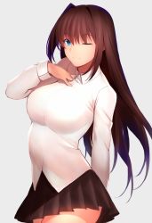 Rule 34 | 1girl, aozaki aoko, arm behind back, black skirt, blue eyes, breasts, brown hair, closed mouth, collared shirt, commentary request, dress shirt, hair intakes, hand on own chest, kameponde, large breasts, long hair, long sleeves, looking at viewer, mahou tsukai no yoru, miniskirt, one eye closed, pleated skirt, shirt, simple background, skirt, smile, solo, white background, white shirt