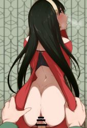 Rule 34 | 1boy, 1girl, ass, back, back cutout, bar censor, black hair, blush, censored, clothed sex, clothing cutout, cum, doruka, from behind, hairband, hetero, highres, long hair, looking at viewer, looking back, pov, pov hands, red eyes, red sweater, sex, sex from behind, spy x family, sweat, sweater, twilight (spy x family), white hairband, yor briar
