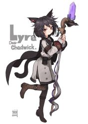 Rule 34 | 1girl, animal ears, warrior of light (ff14), black cape, black hair, boots, braid, brown footwear, cape, cat ears, cat girl, cat tail, commission, crystal, facial mark, final fantasy, final fantasy xiv, full body, highres, jacket, kasa (hitori sanka), leg up, long sleeves, looking at viewer, miqo&#039;te, red eyes, short hair, skeb commission, smile, staff, tail, thigh boots, whisker markings, white jacket