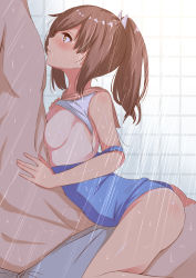 Rule 34 | 10s, 1boy, 1girl, breast press, breasts, brown eyes, brown hair, ging1993, hetero, highres, i-401 (kancolle), kantai collection, looking at another, medium breasts, mixed-sex bathing, one-piece swimsuit, one-piece tan, ponytail, school swimsuit, shared bathing, short ponytail, showering, solo focus, swimsuit, tan, tanline, wet