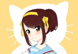 Rule 34 | 1girl, animal ears, bad drawr id, bad id, blue sailor collar, blush, brown eyes, brown hair, cat ears, character request, closed mouth, copyright request, hairband, looking at viewer, oekaki, portrait, sailor collar, shirt, short hair, short ponytail, sidelocks, solo, tamako (ramil), two-tone background, whiskers, white background, white shirt, yellow background, yellow hairband