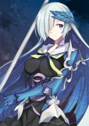 Rule 34 | 1girl, artist name, black dress, breasts, brynhildr (fate), closed mouth, dress, fate/prototype, fate/prototype: fragments of blue and silver, fate (series), gauntlets, hair ornament, hair over one eye, highres, large breasts, light smile, long hair, looking at viewer, night, nikame, outdoors, purple eyes, sailor collar, sidelocks, signature, silver hair, solo, upper body