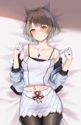 Rule 34 | 1girl, animal ear fluff, animal ears, bare shoulders, bed sheet, black pantyhose, blush, braid, breasts, camisole, cat ears, chest jewel, closed mouth, collarbone, fingerless gloves, from above, gloves, grey hair, highres, jacket, long sleeves, lying, matrix16, medium breasts, miniskirt, mio (xenoblade), navel, off shoulder, on back, on bed, open clothes, open jacket, pantyhose, pulled by self, red ribbon, ribbon, short hair, skirt, smile, solo, strap pull, white gloves, white jacket, white skirt, xenoblade chronicles (series), xenoblade chronicles 3, yellow eyes