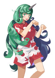 Rule 34 | 1girl, :d, blush stickers, breasts, curly hair, feet out of frame, green eyes, green hair, hands up, highres, horns, komano aunn, long hair, medium breasts, open mouth, paw pose, red shirt, red shorts, shirt, short sleeves, shorts, simple background, single horn, smile, solo, teasmacker, teeth, touhou, upper teeth only, v-shaped eyebrows, very long hair, white background, wing collar