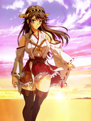 Rule 34 | 10s, 1girl, bare shoulders, blush, breasts, brown eyes, brown hair, cameltoe, cloud, detached sleeves, female focus, hairband, haruna (kancolle), kantai collection, large breasts, long hair, looking at viewer, nolia, nontraditional miko, ocean, panties, pantyshot, sky, smile, solo, standing, sunset, thighhighs, underwear, water