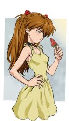 Rule 34 | 1girl, amondetauro, bare arms, bare legs, bare shoulders, blue eyes, brown hair, dress, eyepatch, food, hair ornament, hand on own hip, highres, ice cream, interface headset, long hair, looking to the side, neon genesis evangelion, shiny skin, simple background, solo, souryuu asuka langley, standing, sundress, twintails, very long hair, white background, yellow dress