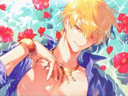 Rule 34 | 1boy, bikkusama, blonde hair, blue shirt, bracelet, collarbone, earrings, fate/grand order, fate/stay night, fate (series), flower, gilgamesh (fate), highres, jewelry, necklace, open clothes, open shirt, pectorals, pectorals, piercing, red eyes, red flower, shirt, short hair, smile, solo, teeth, water