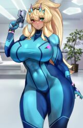 1girl abs absurdres barghest_(fate) biceps blonde_hair blue_bodysuit bodysuit breasts cosplay covered_navel fate/grand_order fate_(series) green_eyes heterochromia highres horns large_breasts long_hair looking_at_viewer muscular muscular_female paralyzer ponytail raskasar red_eyes samus_aran samus_aran_(cosplay) stun_gun thick_thighs thighs zero_suit