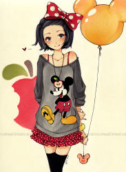 Rule 34 | :p, apple, balloon, black hair, blush, bow, bracelet, brown eyes, disney, food, fruit, hair bow, hair ornament, heart, jewelry, joanna (mojo!), mickey mouse, original, pendant, short hair, simple background, skirt, sleeves pushed up, smile, solo, thighhighs, tongue, tongue out, traditional media, watermark
