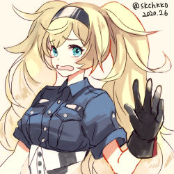 Rule 34 | 1girl, big hair, black gloves, blue jacket, breast pocket, d:, dated, gambier bay (kancolle), gloves, green eyes, grey background, hairband, hand up, jacket, kantai collection, kasumi (skchkko), long hair, looking at viewer, open mouth, pocket, short sleeves, simple background, solo, twintails, twitter username, upper body