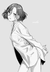 Rule 34 | 1girl, amg (nwmnmllf), breast pocket, character name, collared shirt, commentary request, grey background, greyscale, leaning forward, long sleeves, mila babicheva, monochrome, naked shirt, parted lips, pocket, shirt, short hair, signature, simple background, solo, yuri!!! on ice