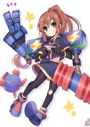 Rule 34 | 1girl, bad id, bad twitter id, black gloves, bobot, brown hair, commentary request, eyewear on head, gloves, green eyes, handheld game console, long hair, looking at viewer, mechanical arms, omuretsu, pantyhose, playstation portable, ponytail, precis neumann, shirt, single mechanical arm, skirt, smile, star ocean, star ocean the second story, torn clothes, torn legwear
