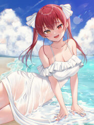 Rule 34 | 1girl, absurdres, bare shoulders, breasts, cleavage, heterochromia, highres, hololive, houshou marine, medium breasts, open mouth, outdoors, red eyes, red hair, runlan 0329, short sleeves, smile, solo, twintails, virtual youtuber, yellow eyes