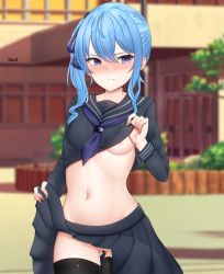 Rule 34 | 1girl, areola slip, bar censor, black serafuku, black shirt, black skirt, black thighhighs, blue eyes, blue hair, blue neckerchief, blurry, blurry background, blush, breasts, building, censored, closed mouth, clothes lift, commentary request, cowboy shot, day, depth of field, exhibitionism, gluteal fold, highres, hololive, honon, hoshimachi suisei, lifting own clothes, long hair, long sleeves, looking at viewer, navel, neckerchief, no bra, no panties, nose blush, outdoors, pleated skirt, public indecency, pussy, pussy juice, school uniform, serafuku, shirt, shirt lift, side ponytail, skirt, skirt lift, small breasts, solo, stomach, sunlight, tearing up, tears, thigh gap, thighhighs, virtual youtuber
