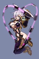 Rule 34 | 1girl, alex ahad, blue eyes, breasts, cleavage, hair over one eye, high heels, highres, isabella valentine, large breasts, living weapon, namco, navel, revealing clothes, soul calibur, soulcalibur, soulcalibur vi, sword, transforming weapon, weapon, whip, whip sword, white hair