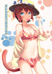 Rule 34 | 1girl, bare shoulders, bikini, blue eyes, blush, bow, bow bikini, breasts, cleavage, clothes down, copyright request, cowboy shot, flower, hat, hat flower, hat ribbon, jacket, liu guniang, mouth hold, navel, open clothes, open jacket, original, paw print, plaid, plaid bikini, popsicle, red hair, ribbon, short hair, solo, straw hat, swimsuit, tail, text focus, yellow jacket