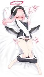 Rule 34 | !, 1girl, ?, barefoot, beret, black hat, black jacket, black panties, black shorts, black wings, blue archive, blush, breasts, clothes pull, commentary request, covered mouth, dev (dev0614), feathered wings, female ejaculation, female ejaculation through clothes, female masturbation, full body, halo, hat, head wings, heart, jacket, knees together feet apart, koharu (blue archive), long hair, long sleeves, low wings, lying, masturbation, motion lines, on back, on bed, open mouth, panties, pillow, pillow grab, pink eyes, pink hair, pussy juice, shorts, shorts pull, small breasts, solo, spoken exclamation mark, spoken question mark, sweat, tearing up, twintails, twitching, underwear, white background, wings