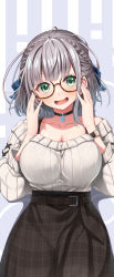 Rule 34 | 1girl, :d, absurdres, braid, breasts, casual, choker, cleavage, collarbone, dodome-iro mayonnaise, french braid, glasses, green eyes, grey hair, hair ribbon, high-waist skirt, highres, hololive, large breasts, open mouth, ribbon, shirogane noel, shirogane noel (casual), short hair, skirt, smile, solo, virtual youtuber, watch, wristwatch