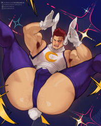Rule 34 | 1boy, anal hair, animal ears, armpit hair, armpits, ass, bara, blue eyes, boku no hero academia, bulge, cosplay, easter, endeavor (boku no hero academia), feet out of frame, fur collar, gloves, jimsdaydreams, large pectorals, leotard, looking at viewer, male focus, mature male, mirko (cosplay), muscular, muscular male, paid reward available, pectorals, presenting, purple thighhighs, rabbit ears, rabbit pose, rabbit tail, red hair, scar, scar across eye, scar on face, short hair, sleeveless turtleneck leotard, solo, sparkle background, sparse ass hair, sparse chest hair, spiked hair, spread legs, tail, taut leotard, thick thighs, thighhighs, thighs, white gloves, white leotard, wide spread legs