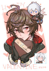 Rule 34 | 2boys, black gloves, blue eyes, blue hair, box, brown hair, chibi, closed mouth, cropped arms, cropped shoulders, gift, gift box, gloves, granblue fantasy, hair between eyes, hands up, happy valentine, heart, heart-shaped box, high collar, highres, holding, holding gift, light blue hair, light blush, looking at viewer, lucifer (shingeki no bahamut), multiple boys, multiple views, multiple wings, red eyes, sandalphon (granblue fantasy), sandalphon (valentine) (granblue fantasy), short hair, sweatdrop, tekki (tki), valentine, white wings, wings