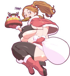 Rule 34 | 10s, 1girl, bikini, bikini top only, bird, black bikini, black thighhighs, boots, breasts, brown eyes, brown hair, cake, chicken, chicken (food), covered erect nipples, food, food in mouth, gloves, gundam, gundam build fighters, gundam build fighters try, high heels, huge breasts, long hair, looking at viewer, midair, plump, red gloves, sack, sazaki kaoruko, solo, swimsuit, text focus, thick thighs, thighhighs, thighs, touge hiro, translation request, twintails, underboob