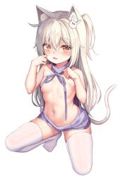 Rule 34 | 1girl, animal ear fluff, animal ears, bad id, bad pixiv id, bare shoulders, blush, breasts, cat ears, cat girl, cat tail, censored, censored nipples, convenient censoring, fang, full body, hair between eyes, hair ornament, hands up, long hair, looking at viewer, mannack, navel, no shoes, one side up, open mouth, original, purple sweater, rabbit-shaped pupils, rabbit hair ornament, red eyes, simple background, skin fang, skindentation, small breasts, solo, squatting, stomach, sweater, symbol-shaped pupils, tail, thighhighs, very long hair, white background, white hair, white thighhighs