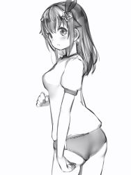 Rule 34 | 1girl, ass, bad id, bad pixiv id, blush, breasts, buruma, from behind, greyscale, hair ornament, highres, hololive, long hair, looking at viewer, looking back, medium breasts, monochrome, nanashi (nlo), parted lips, puffy short sleeves, puffy sleeves, short sleeves, simple background, solo, standing, star (symbol), star hair ornament, tokino sora, virtual youtuber, white background