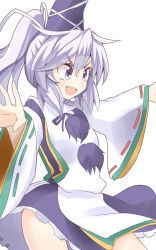 Rule 34 | &gt;:d, 1girl, :d, blush, evil smile, grey eyes, grey hair, hat, highres, hip focus, keyaki chimaki, long hair, mononobe no futo, open mouth, outstretched arms, pom pom (clothes), ponytail, ringed eyes, skirt, smile, solo, tate eboshi, touhou, v-shaped eyebrows, wide sleeves