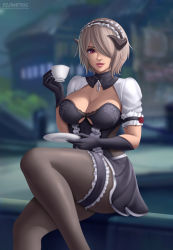 Rule 34 | 1girl, artist name, black gloves, black pantyhose, blurry, blurry background, breasts, brown hair, cleavage, commission, cup, flowerxl, frills, gloves, hair over one eye, holding, holding cup, holding plate, honkai (series), honkai impact 3rd, lips, lipstick, looking at viewer, maid, maid headdress, makeup, outdoors, paid reward available, pantyhose, plate, purple eyes, rita rossweisse, rita rossweisse (umbral rose), short hair, short sleeves, sitting, solo, tan, teacup