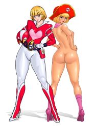 Rule 34 | 1970s (style), 2girls, ass, blonde hair, boots, clothed female nude female, gowappaa 5 godam, hat, helmet, high heels, misaki youko, multiple girls, nude, oldschool, pirate hat, retro artstyle, shoes, short hair, socks, zen and retro