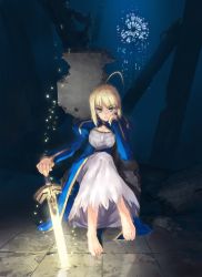 Rule 34 | 00s, 1girl, ahoge, artoria pendragon (fate), barefoot, blonde hair, excalibur (fate/stay night), fate/stay night, fate (series), glowing, glowing sword, glowing weapon, green eyes, ruins, saber (fate), sitting, sword, weapon