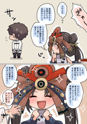 Rule 34 | 1boy, 2girls, anger vein, bare shoulders, blush, body markings, breasts, brown eyes, brown hair, chibi, closed eyes, dress, fate/grand order, fate (series), fujimaru ritsuka (male), grey dress, headpiece, highres, himiko (fate), iyo (fate), large breasts, long hair, multiple girls, open mouth, pononozo, sash, smile, sparkle, speech bubble, thought bubble, translation request, twintails, very long hair