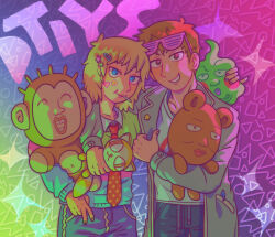 Rule 34 | 2boys, arm around shoulder, blonde hair, blue eyes, closed mouth, collared shirt, commentary, draw this in your style challenge, ekubo (mob psycho 100), english commentary, eyewear on head, grey jacket, hair ornament, hairclip, hanazawa teruki, highres, holding, holding stuffed toy, jacket, long sleeves, looking at viewer, male focus, metukika, mob psycho 100, multiple boys, nail polish, necktie, pink nails, red necktie, reigen arataka, shirt, short hair, shutter shades, smile, spirit, standing, sticker on face, stuffed animal, stuffed cat, stuffed monkey, stuffed toy, white shirt