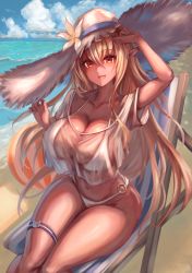 Rule 34 | 1girl, :d, ball, beach, beach chair, beachball, bikini, blonde hair, breasts, cleavage, cloud, collarbone, dark-skinned female, dark skin, denchi more power, flower hat, hair between eyes, hand up, highres, hololive, huge breasts, innertube, large hat, long hair, looking at viewer, midriff, multicolored eyes, navel, o-ring, o-ring bottom, open mouth, pointy ears, red eyes, see-through, see-through shirt, shiranui flare, short sleeves, sitting, smile, solo, swim ring, swimsuit, thigh strap, thighs, virtual youtuber, waves, white bikini, yellow eyes