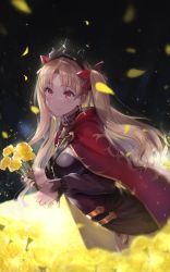 Rule 34 | 1girl, absurdres, asymmetrical sleeves, between breasts, black background, blonde hair, blush, breasts, cape, detached collar, earrings, ereshkigal (fate), fate/grand order, fate (series), field, flower, flower field, gold trim, highres, infinity symbol, jewelry, long hair, looking at viewer, medium breasts, multicolored cape, multicolored clothes, necklace, parted bangs, petals, red cape, red eyes, revision, sakamuke, single sleeve, skull, smile, spine, tiara, two side up, uneven sleeves, yellow cape