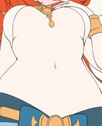 1girl between_breasts breasts commentary_request flat_color from_below genshin_impact hobio long_hair low_twintails medium_breasts navel nilou_(genshin_impact) orange_hair revealing_clothes solo stomach_focus twintails underboob unfinished