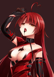 Rule 34 | 1girl, ahoge, black gloves, bloody queen (elsword), blunt bangs, breasts, brown background, chocolate, chocolate drip, chocolate on body, chocolate on breasts, cleavage, collarbone, elesis (elsword), elsword, food on body, glass, gloves, heart, heart ahoge, highres, long hair, looking at viewer, one breast out, open mouth, pouring, red hair, simple background, solo, tongue, upper body, yellow eyes, zetsuei (zetto)
