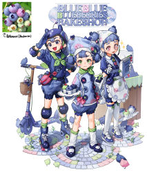 Rule 34 | 3girls, absurdres, apron, bird, black footwear, blue eyes, blue footwear, blue gloves, blue hair, blue shorts, blueberry, blueberry hair ornament, blunt bangs, blush, buttons, child, dollar sign, double bun, elbow pads, english text, food, food-themed hair ornament, fruit, gloves, green eyes, green socks, hair bun, hair ornament, hat, helmet, highres, knee pads, monocle, motor vehicle, muffin, multiple girls, notepad, open mouth, original, oven mitts, personification, pink eyes, plate, print apron, rinotuna, roller skates, salute, scooter, shadow, shoes, shorts, siblings, sisters, skates, smile, socks, sparkle, symbol-shaped pupils, watch, white apron, white background, white gloves, white socks, wristwatch