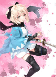 Rule 34 | 1girl, ahoge, arm guards, bare shoulders, barefoot, black bow, black scarf, black thighhighs, blonde hair, bow, breasts, cherry blossoms, commentary request, fate (series), hair between eyes, hair bow, hands up, haori, holding, holding sword, holding weapon, japanese clothes, katana, kimono, knee up, koha-ace, leg up, looking at viewer, okita souji (fate), okita souji (koha-ace), open mouth, petals, scabbard, scarf, sheath, sheathed, shinsengumi, short hair, short kimono, solo, sword, thighhighs, weapon, white kimono, yellow eyes, yone, zettai ryouiki