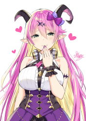 Rule 34 | 1girl, bare shoulders, blonde hair, blue eyes, bow, breasts, curled horns, demon horns, fang, hair bow, hair ornament, headphones, headphones around neck, heart, highres, hololive, horns, large breasts, long hair, looking at viewer, mano aloe, multicolored hair, nail polish, pointy ears, purple hair, purple skirt, shirt, sidelocks, simple background, skirt, sky-freedom, sleeveless, sleeveless shirt, smile, smug, solo, two-tone hair, underbust, upper body, very long hair, virtual youtuber, white background, white shirt, wrist cuffs