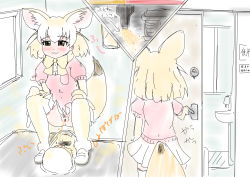 Rule 34 | 1girl, :3, absurdres, animal ears, bar censor, blonde hair, blush, bow, bowtie, breast pocket, breasts, brown eyes, censored, door, faucet, fennec (kemono friends), fox ears, fox girl, fox tail, from behind, fur-trimmed gloves, fur-trimmed shoes, fur trim, gloves, highres, hinoto (pixiv48761170), kemono friends, multiple views, peeing, pocket, puffy sleeves, pussy, red shirt, shirt, shoes, short hair, short sleeves, sign, sink, skirt, small breasts, smile, squatting, tail, thighhighs, white footwear, white skirt, window, yellow bow, yellow bowtie, yellow gloves, yellow thighhighs