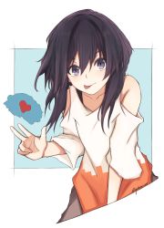 Rule 34 | 1girl, :p, bad id, bad pixiv id, black hair, clothing cutout, commentary request, framed, hair between eyes, heart, highres, looking at viewer, original, outside border, purple eyes, short hair, shoulder cutout, sidelocks, solo, tongue, tongue out, twitter username, upper body, yukine on