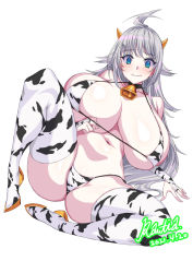 Rule 34 | 1girl, 2021, ahoge, animal print, aqua eyes, arm support, ass, bikini, black neckwear, blush, breast lift, breasts, breasts apart, bridal gauntlets, choker, cleavage, closed mouth, collar, collarbone, cow print, cow print bikini, cowbell, curvy, elbow gloves, embarrassed, from above, gloves, high heels, highres, horns, huge breasts, long hair, looking at viewer, lying, navel, on back, original, patterned legwear, print bikini, rantia, sagging breasts, signature, simple background, skindentation, solo, spread legs, swimsuit, thick thighs, thighhighs, thighs, wavy mouth, white background, white hair