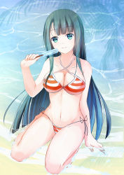 Rule 34 | 1girl, anping (oshiro project), aqua eyes, aqua hair, beach, bikini, breasts, cleavage, day, food, full body, holding, holding food, long hair, looking at viewer, medium breasts, navel, oshiro project:re, popsicle, sitting, smile, solo, stomach, striped bikini, striped clothes, swimsuit, wading, xiao yung lin