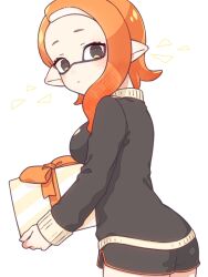 Rule 34 | 1girl, black eyes, black shorts, black sweater, breasts, closed mouth, eyelashes, gift, inkling, inkling girl, inkling player character, inuowour, long hair, looking at viewer, medium breasts, nintendo, orange hair, pointy ears, shorts, simple background, solo, splatoon (series), sweater, white background